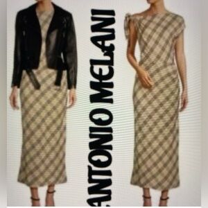 NWT Antonio Melani Plaid Striped Tan Black Modern Stripe Maxi Dress 8